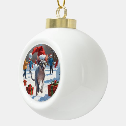 Sphynx Cat Running in Snow met kerst Pet Keramische Bal Ornament (Rechts)