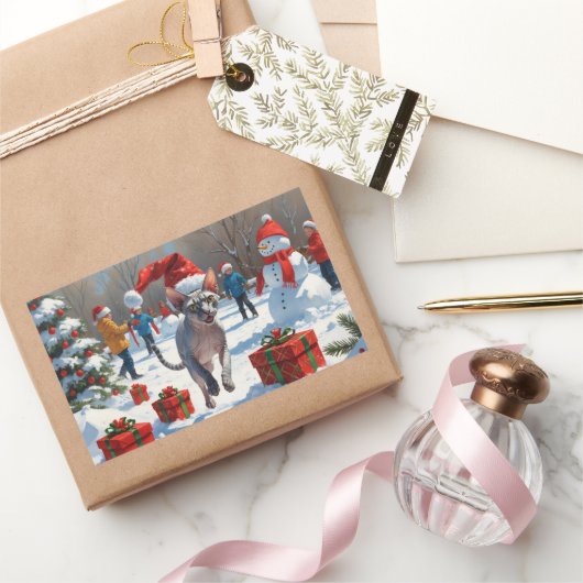 Sphynx Cat Running in Snow met kerst Pet Rechthoekige Sticker (Geschenken)