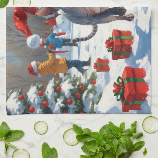 Sphynx Cat Running in Snow met kerst Pet Theedoek (Gevouwen)