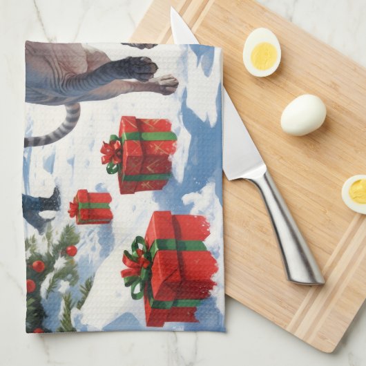 Sphynx Cat Running in Snow met kerst Pet Theedoek (Quarter Fold)