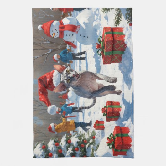 Sphynx Cat Running in Snow met kerst Pet Theedoek (Verticaal)