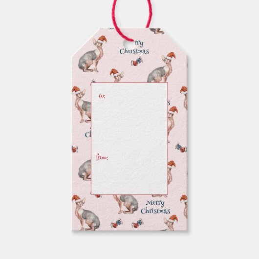 Sphynx Cat Santa Hat Roze Kerstcadeau Label Cadeaulabel (Voorkant)