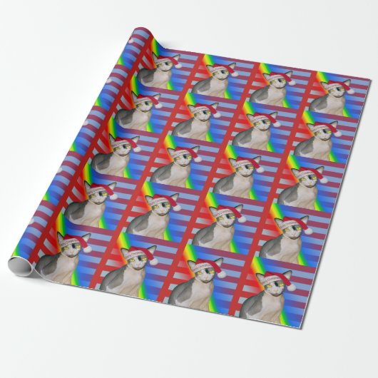 Sphynx Cat Santa Rainbow Stripe Kerstmis Cadeaupapier (Uitgerold)