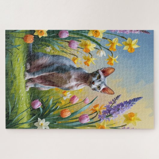 Sphynx Cat Spring Bloemen Schilderen Legpuzzel (Horizontaal)