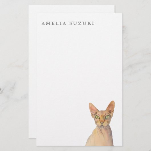 Sphynx Cat Waterverf Portret met naam Briefpapier (Voorkant / Achterkant)