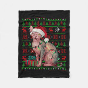 Sphynx Cat Xmas Lights Ugly Santa Hat Sphynx Cat C Fleece Deken