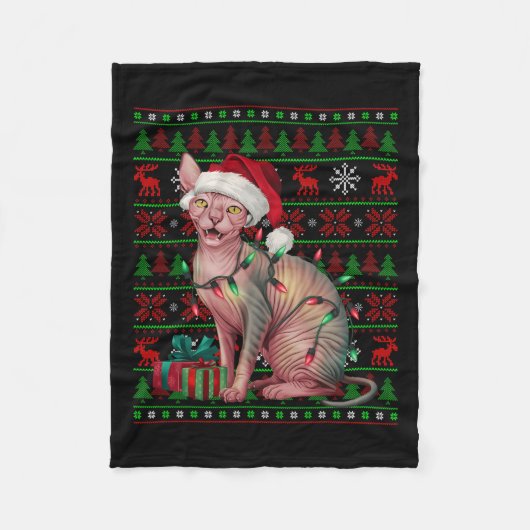 Sphynx Cat Xmas Lights Ugly Santa Hat Sphynx Cat C Fleece Deken (Voorkant)