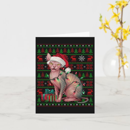 Sphynx Cat Xmas Lights Ugly Santa Hat Sphynx Cat C Kaart (Gele Bloem)