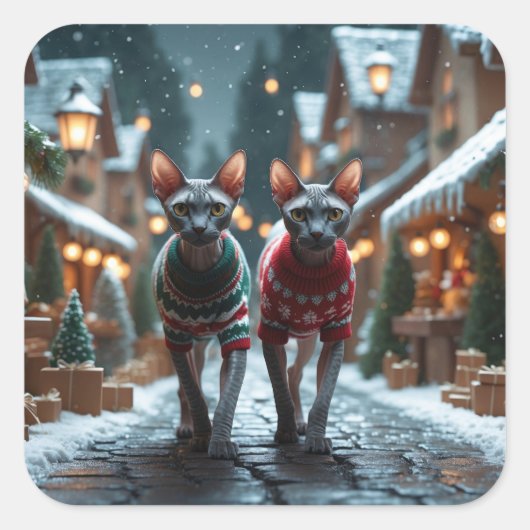 Sphynx Cats Christmas Snow Holiday Vierkante Sticker (Voorkant)