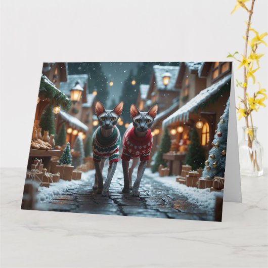 Sphynx Cats Kerstmis Sneeuw Vakantie Kaart (Gele Bloem)