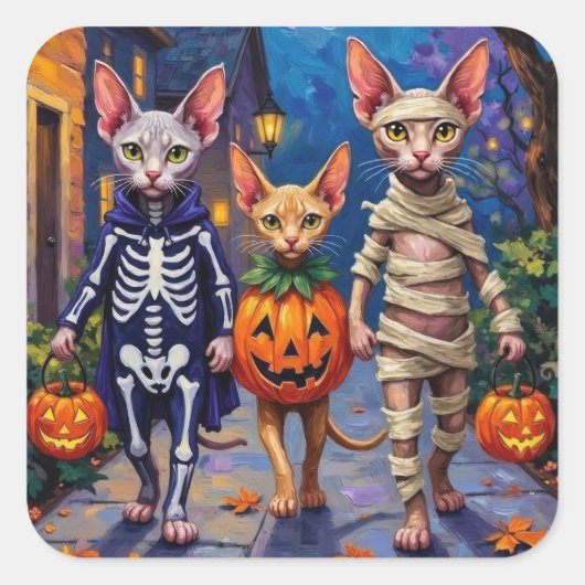 Sphynx Cats Trick-or-Treating in Halloween Costume Vierkante Sticker (Voorkant)