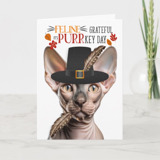 Sphynx Haarloze Kat Dankbaar voor PURRkey Day Feestdagen Kaart (Voorkant)