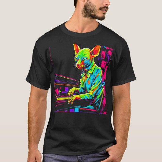 Sphynx haarloze kat piano t-shirt (Voorkant)