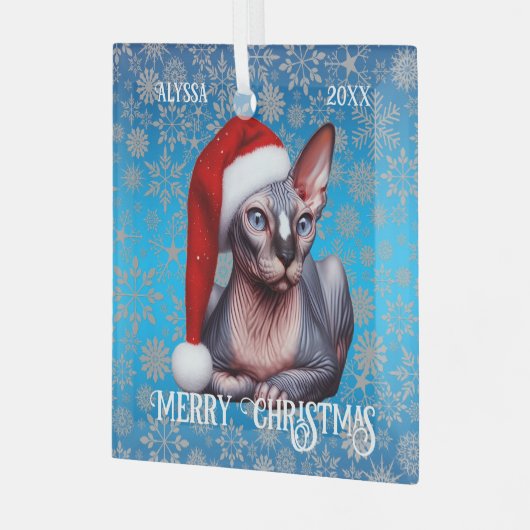 Sphynx Kat  Blauw Kerstmis Glas Ornament (Voorkant links)