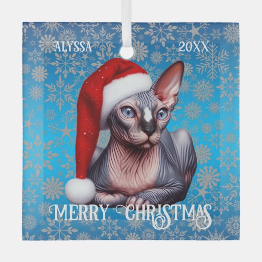 Sphynx Kat Blauw Kerstmis Glas Ornament (Voorkant)