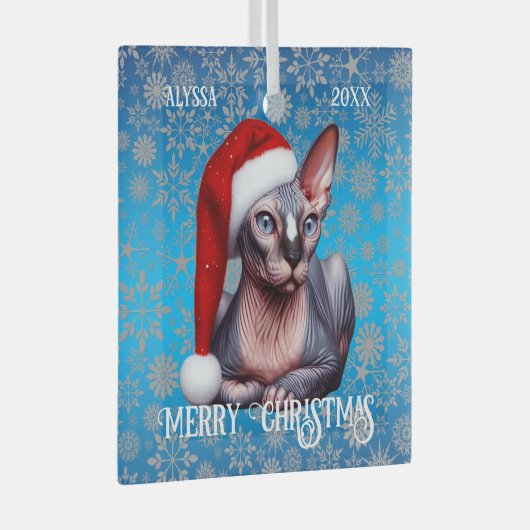 Sphynx Kat  Blauw Kerstmis Glas Ornament (Voorkant Rechts)