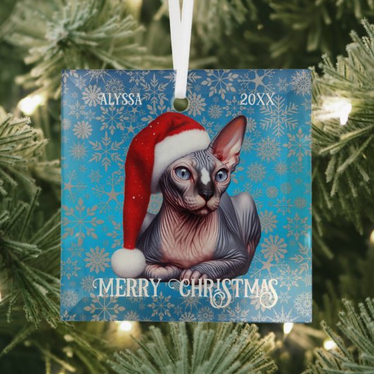 Sphynx Kat  Blauw Kerstmis Glas Ornament (Insitu)