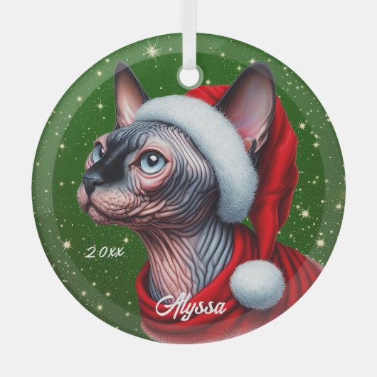 Sphynx Kat  Groen Kerstmis Glas Ornament (Voorkant)