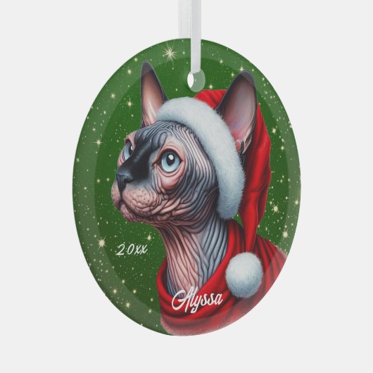 Sphynx Kat  Groen Kerstmis Glas Ornament (Voorkant Rechts)