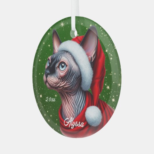 Sphynx Kat  Groen Kerstmis Glas Ornament (Voorkant links)