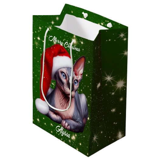 Sphynx Kat  Groen Kerstmis Medium Cadeauzakje (Voorkant Gekanteld)