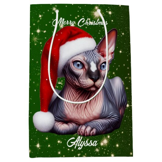 Sphynx Kat Groen Kerstmis Medium Cadeauzakje (Voorkant)