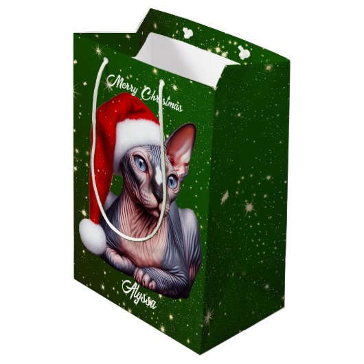 Sphynx Kat  Groen Kerstmis Medium Cadeauzakje (Achterkant Gekanteld)