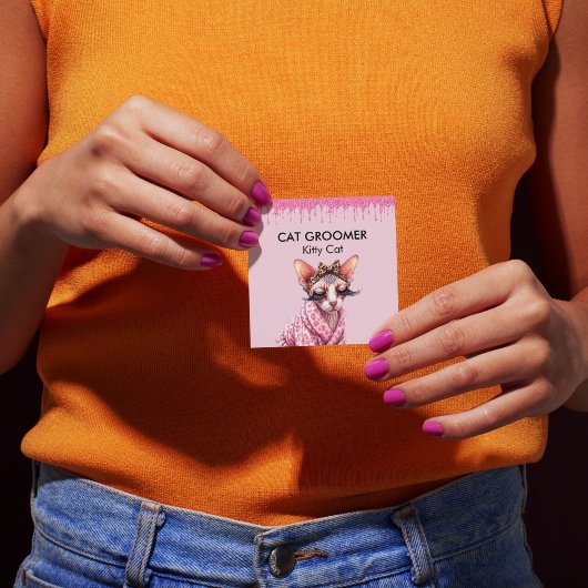 Sphynx Kat Groomer Sitter Roze Glitter Dripping Vierkante Visitekaartje