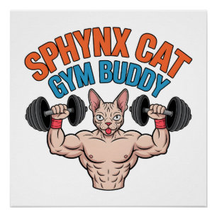 Sphynx Kat Gym Buddy Spierbundel Cartoon Kunst Perfect Poster
