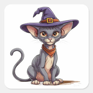 Sphynx Kat Heksenhoed Cute Halloween Huisdierliefh Vierkante Sticker