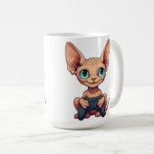 Sphynx kat houdt gamecontroller vast koffiemok (Voorkant rechts)