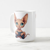 Sphynx kat houdt gamecontroller vast koffiemok (Voorkant links)