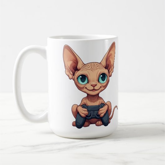 Sphynx kat houdt gamecontroller vast koffiemok (Links)