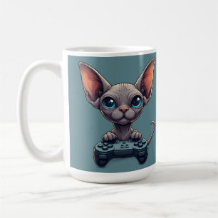 Sphynx kat houdt gamecontroller vast koffiemok