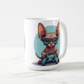 Sphynx kat houdt gamecontroller vast koffiemok (Voorkant rechts)