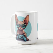 Sphynx kat houdt gamecontroller vast koffiemok (Voorkant links)