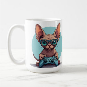 Sphynx kat houdt gamecontroller vast koffiemok