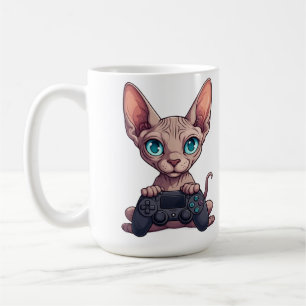 Sphynx kat houdt gamecontroller vast koffiemok