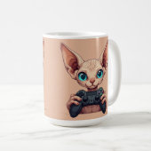 Sphynx kat houdt gamecontroller vast koffiemok (Voorkant rechts)
