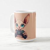 Sphynx kat houdt gamecontroller vast koffiemok (Voorkant links)