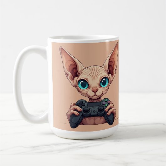 Sphynx kat houdt gamecontroller vast koffiemok (Links)