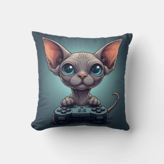 Sphynx kat houdt gamecontroller vast kussen