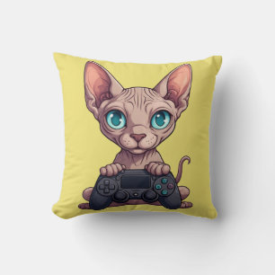 Sphynx kat houdt gamecontroller vast kussen