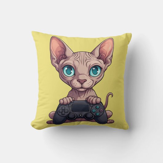 Sphynx kat houdt gamecontroller vast kussen (Voorkant)