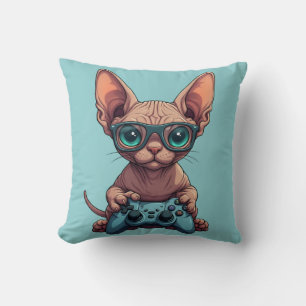 Sphynx kat houdt gamecontroller vast kussen