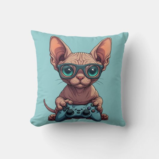 Sphynx kat houdt gamecontroller vast kussen (Voorkant)