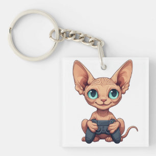 Sphynx kat houdt gamecontroller vast sleutelhanger