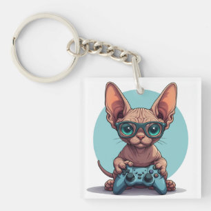 Sphynx kat houdt gamecontroller vast sleutelhanger