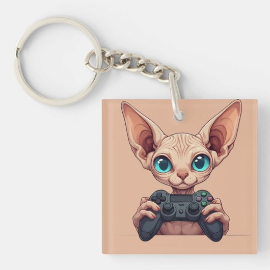 Sphynx kat houdt gamecontroller vast sleutelhanger (voorkant)