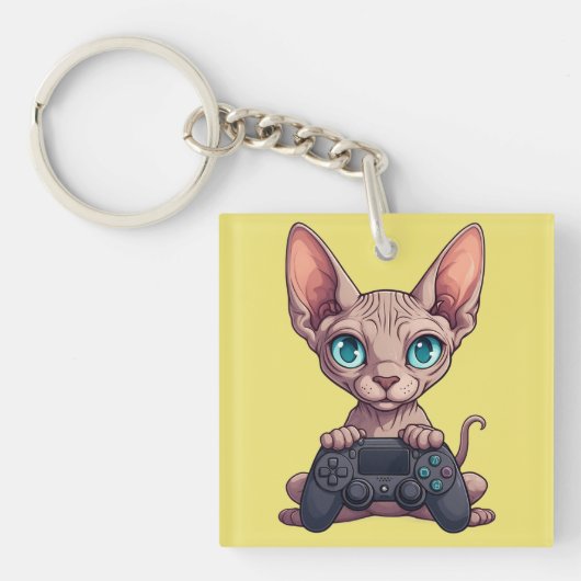 Sphynx kat houdt gamecontroller vast sleutelhanger (voorkant)